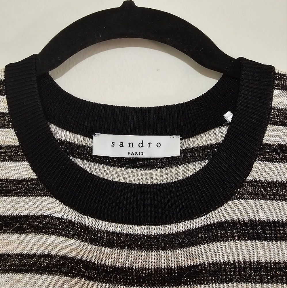 Sandro Redlake Stripe Dress Size S Gold Embellish Coastal Nautical Chic Parisian - Picture 5 of 10